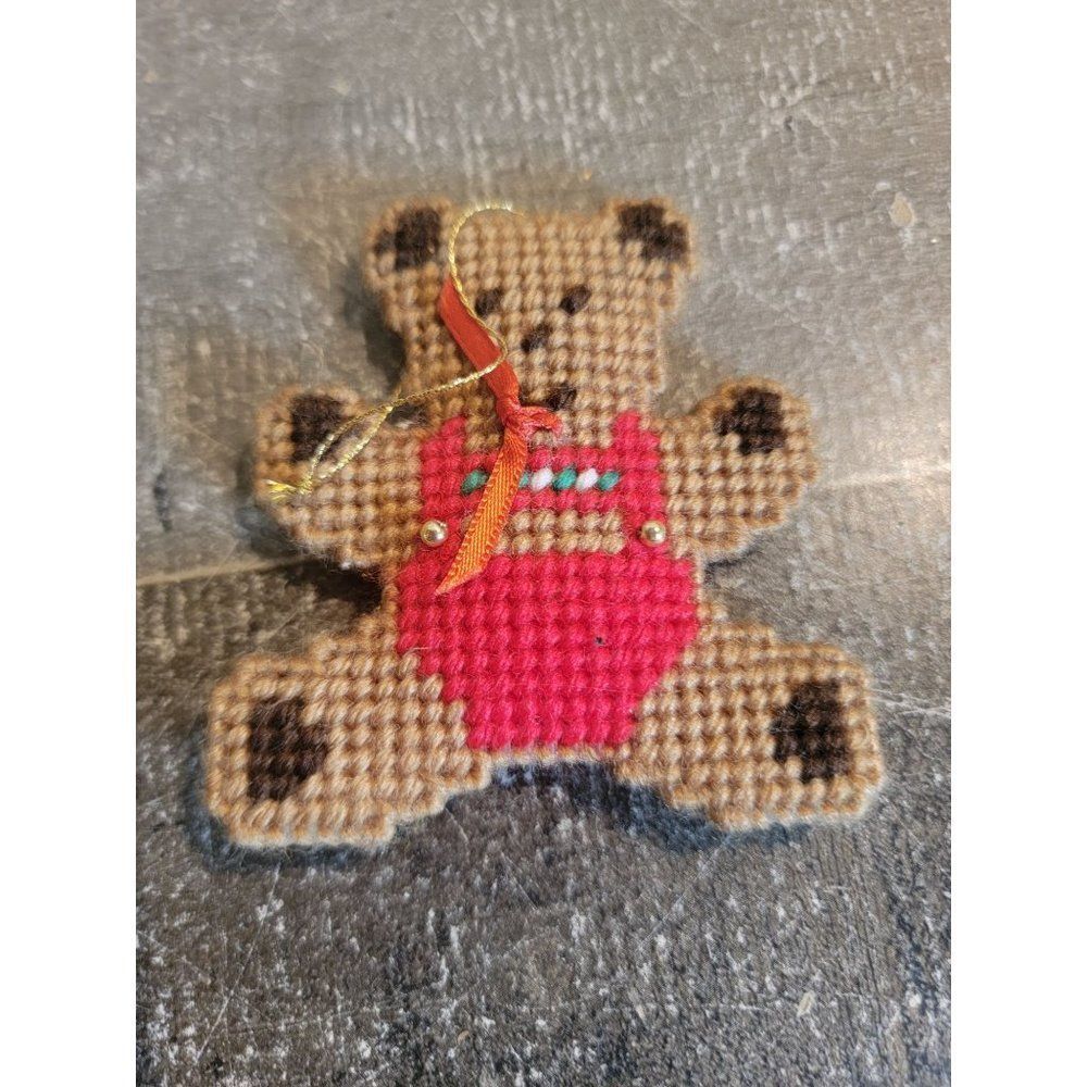 Crochet teddy bear handmade bow red knit ornament Xmas decor